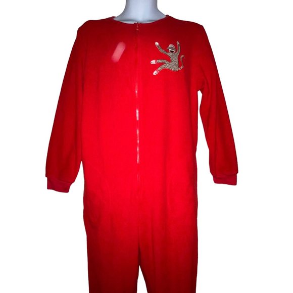 Nick & Nora Red Sock Monkey Pajamas Womens M Footie Unionsuit PJs Costume Solid - Picture 2 of 8